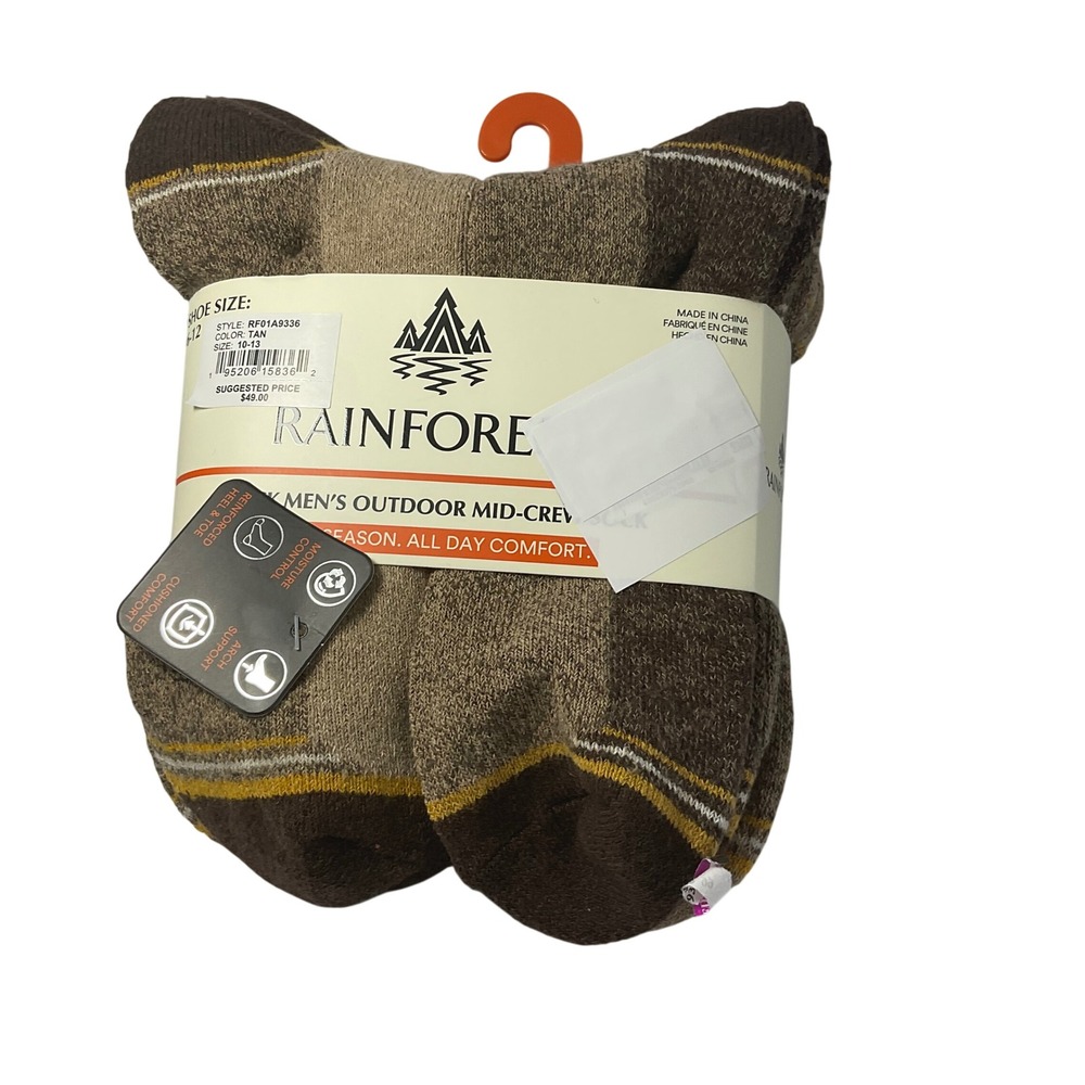 RAINFOREST 6‎ Pack Mens Outdoor Mid Crew Socks Size 6 12 Brown Tan Yellow